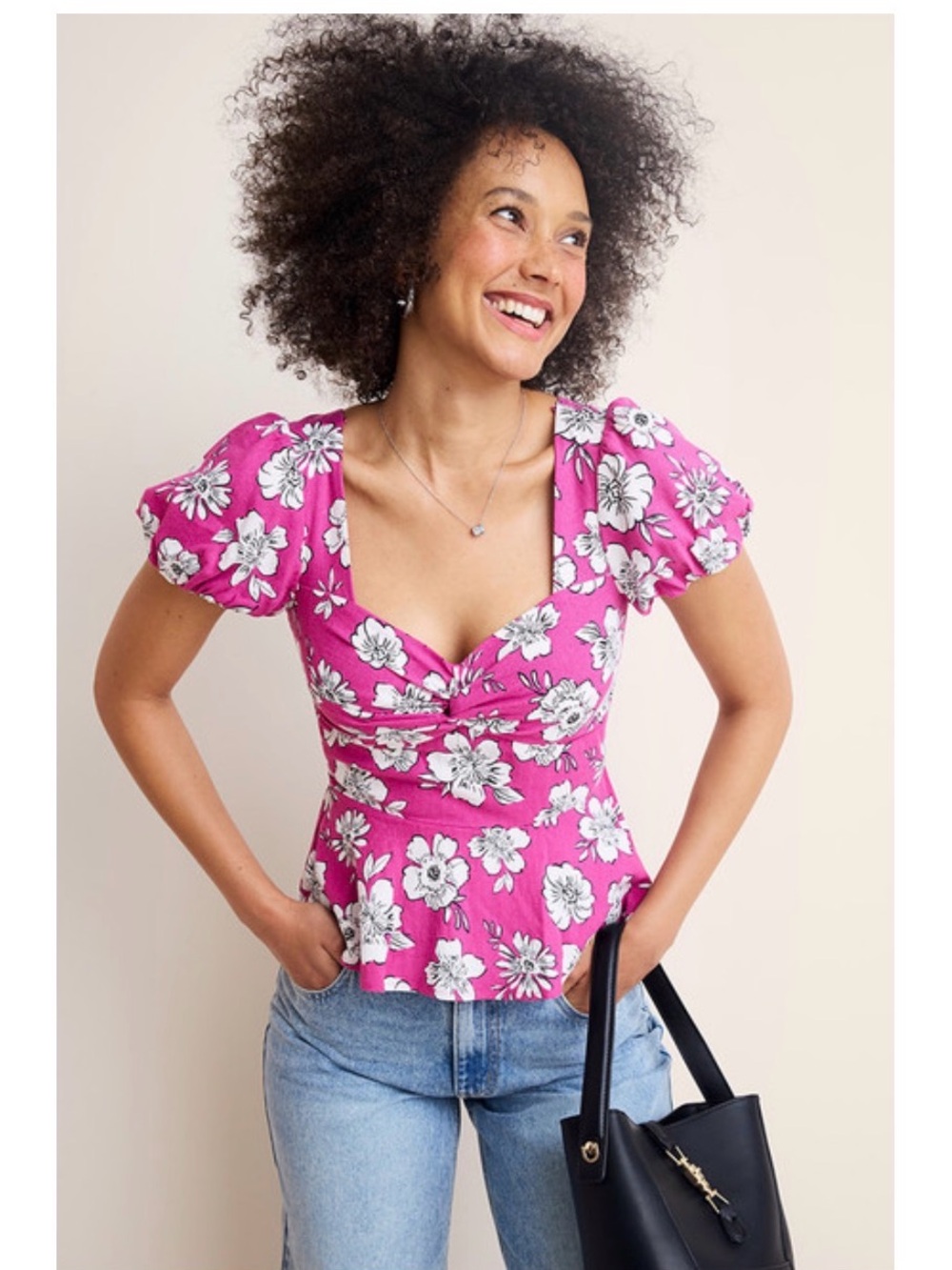 Pink Floral Puff Sleeve Peplum Top NWT